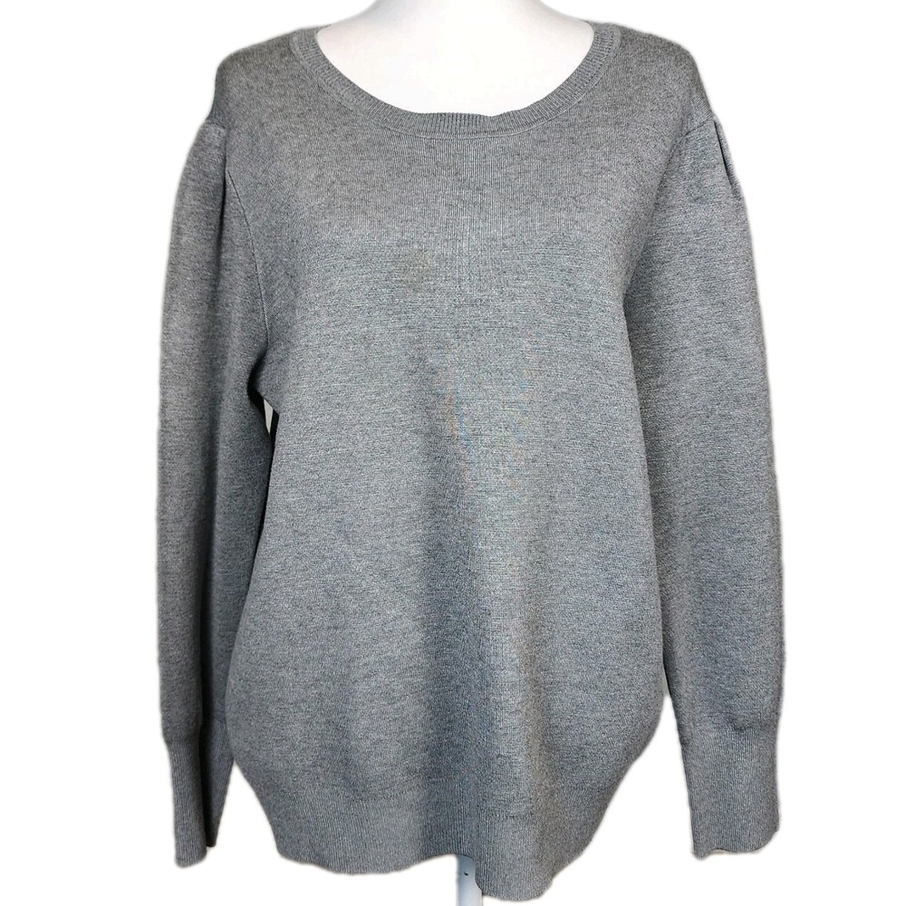 DKNY Knit Sweater Womens Large Gray Pucker Sleeve Crew Casual Career Capsule